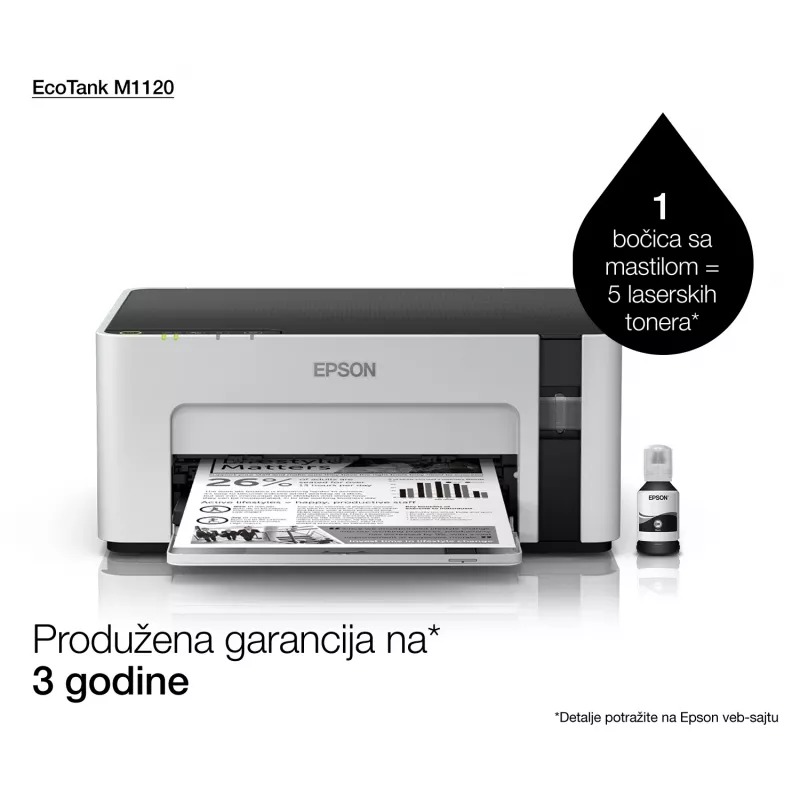 Inkjet printer Epson EcoTank ET-M1120 — monohroms, A4, 1440x720 DPI, Wi‑Fi, uzpildāma tintes tvertne