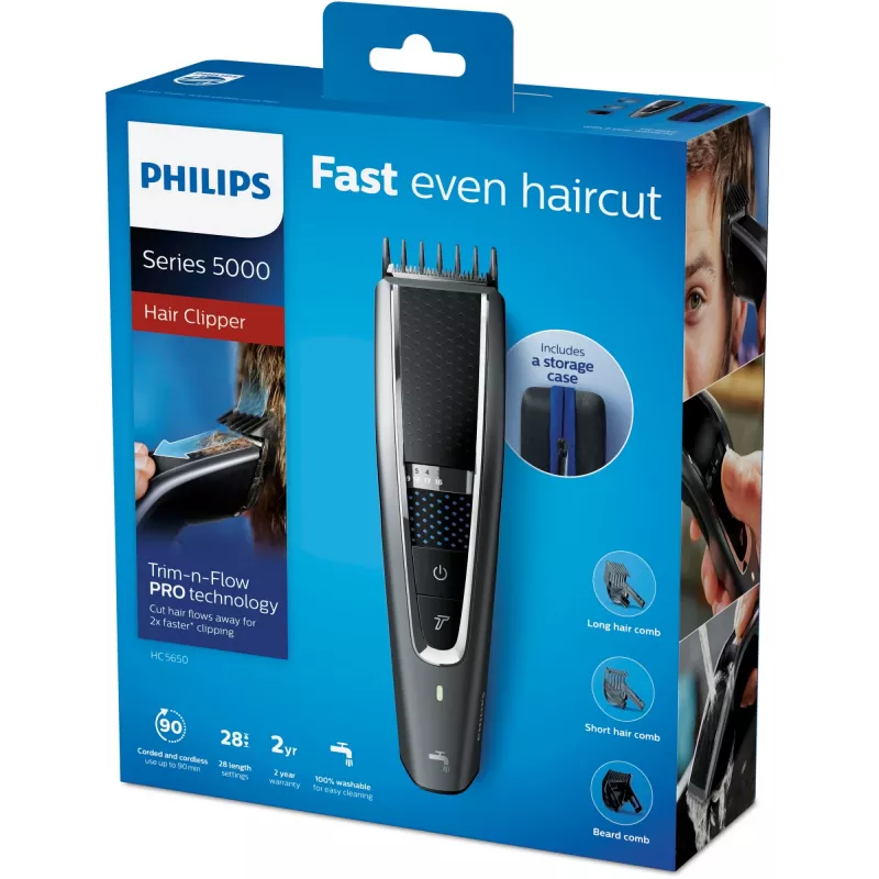 Matu griezējs Philips 5000 series HC5650/15 — bezvadu, Li-Ion akumulators, 90 min, 28 garuma pakāpes (0,5–28 mm), 41 mm nerūsējošā tērauda asmeņi