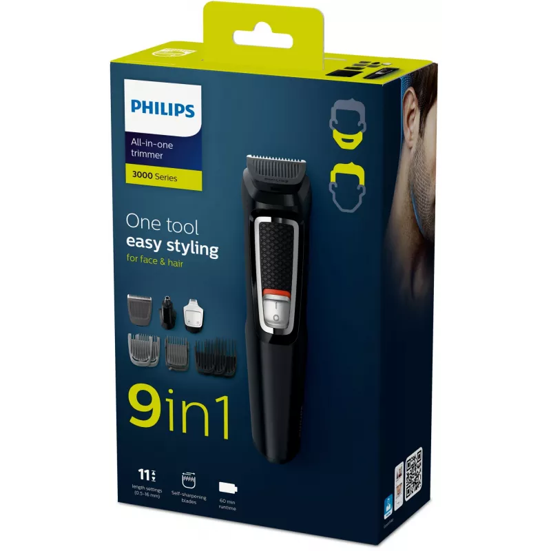 Multigroomer trimmer Philips MULTIGROOM Series 3000 9-in-1 MG3740/15 — NiMH akumulators, 60 min darbības laiks, nerūsējošā tērauda asmeņi, 9 ķemmes, melna