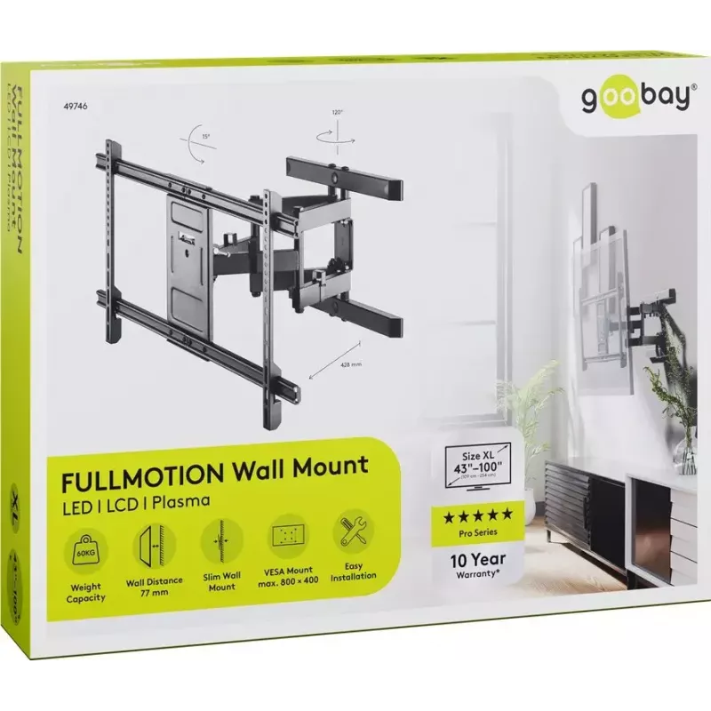 Goobay TV sienas stiprinājums Pro FULLMOTION (XL) 60 kg 43–100 collas