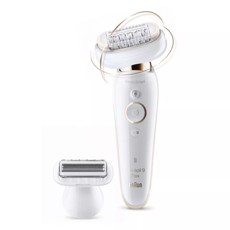 Epilators BRAUN Silk-epil 9 Flex SES9002 — 40 min darbības laiks, slapjš un sauss, 40 pincetes, 2 ātrumi, balts/zelta