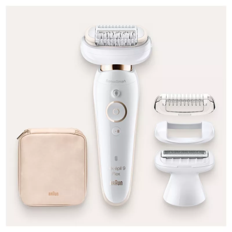 Epilators BRAUN Silk-epil 9 Flex SES9002 — 40 min darbības laiks, slapjš un sauss, 40 pincetes, 2 ātrumi, balts/zelta