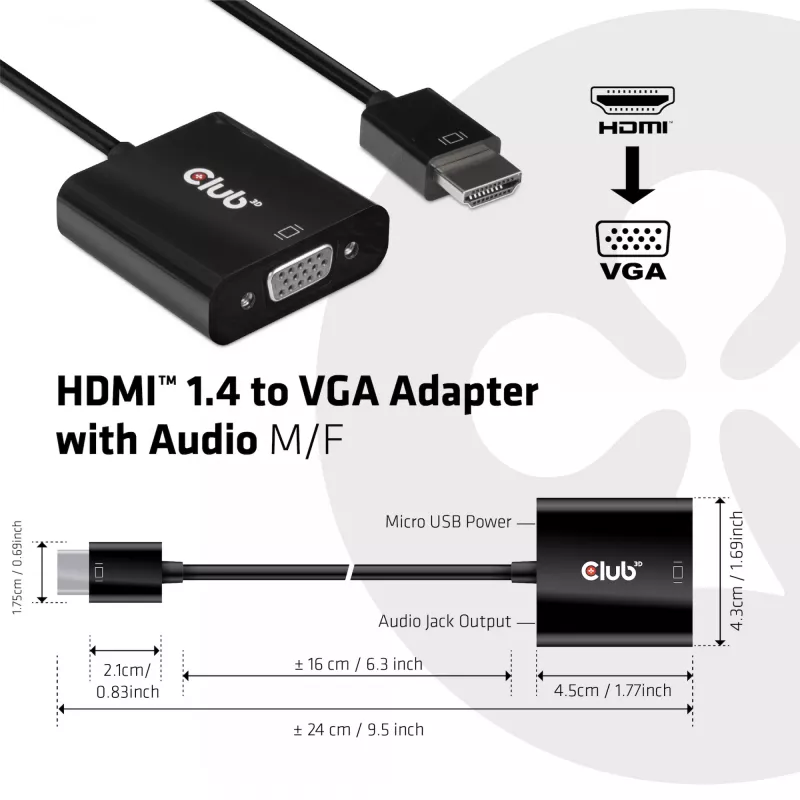 CLUB3D CAC-1302 video kabeļa adapteris 0,5 m HDMI Type A (Standard) VGA (D-Sub) Melns
