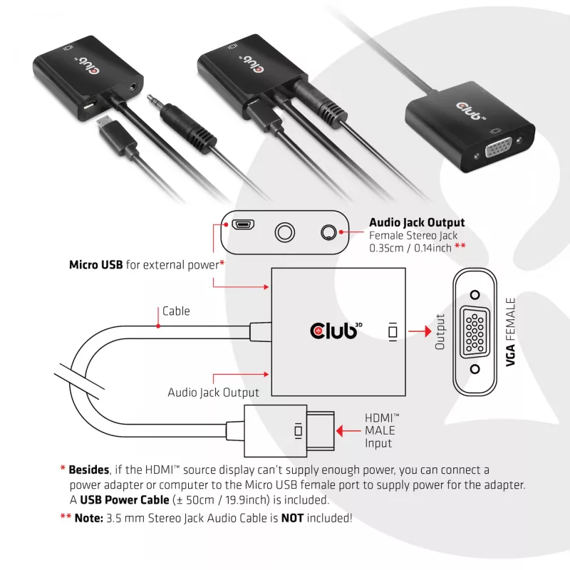 CLUB3D CAC-1302 video kabeļa adapteris 0,5 m HDMI Type A (Standard) VGA (D-Sub) Melns