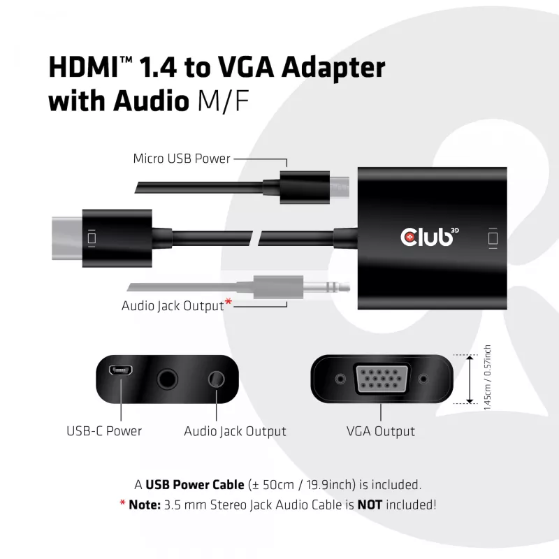 CLUB3D CAC-1302 video kabeļa adapteris 0,5 m HDMI Type A (Standard) VGA (D-Sub) Melns