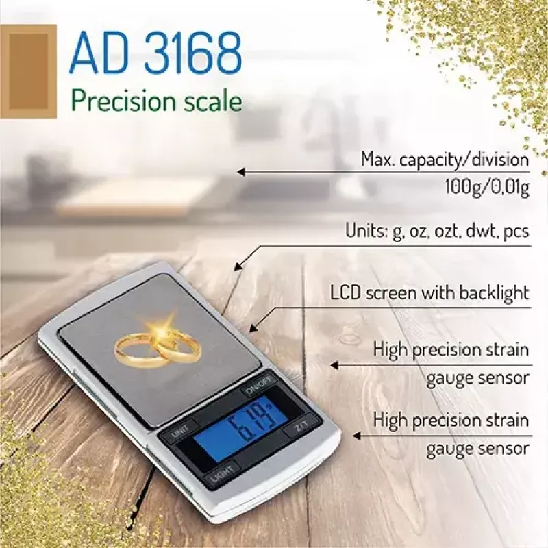 Precīzijas svari Adler AD 3168, 100 g ietilpība, 0,01 g precizitāte, sudraba krāsa, pārnēsājami