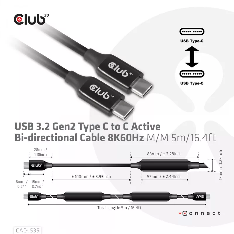 CLUB3D USB 3.2 Gen2 Type C to C Active Bi-directional kabelis 8K60Hz M/M 5m/16.4ft
