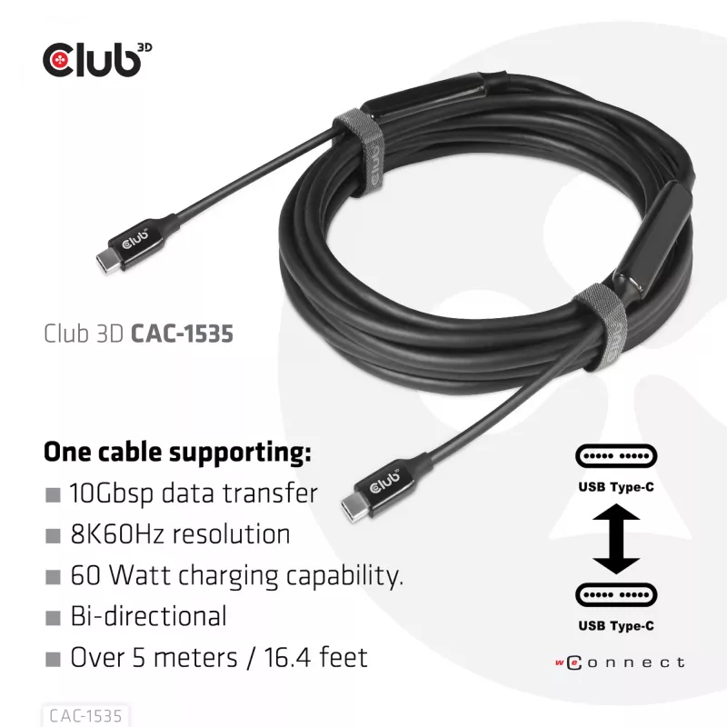 CLUB3D USB 3.2 Gen2 Type C to C Active Bi-directional kabelis 8K60Hz M/M 5m/16.4ft