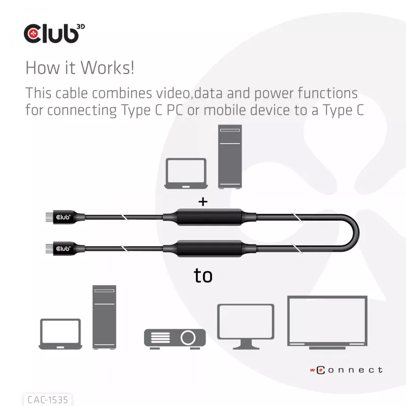 CLUB3D USB 3.2 Gen2 Type C to C Active Bi-directional kabelis 8K60Hz M/M 5m/16.4ft