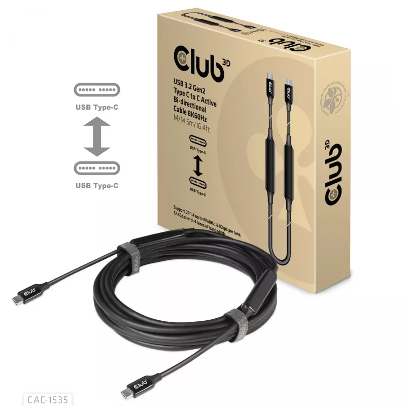 CLUB3D USB 3.2 Gen2 Type C to C Active Bi-directional kabelis 8K60Hz M/M 5m/16.4ft