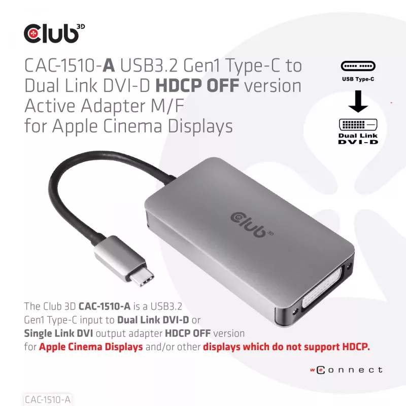 CLUB3D USB3.2 Gen1 Type-C uz Dual Link DVI-D HDCP OFF versijas aktīvais adapters M/F Apple Cinema Displays