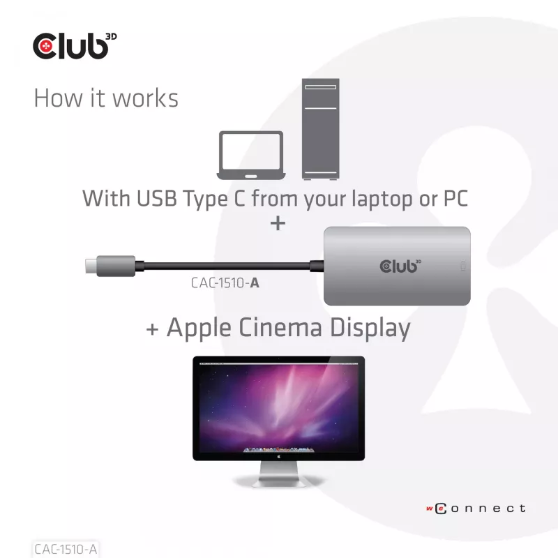 CLUB3D USB3.2 Gen1 Type-C uz Dual Link DVI-D HDCP OFF versijas aktīvais adapters M/F Apple Cinema Displays