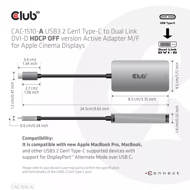 CLUB3D USB3.2 Gen1 Type-C uz Dual Link DVI-D HDCP OFF versijas aktīvais adapters M/F Apple Cinema Displays