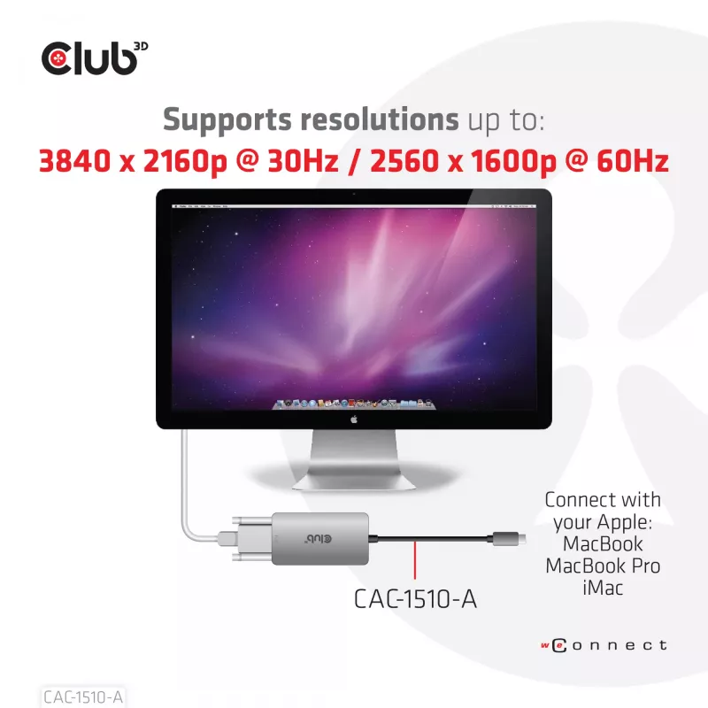 CLUB3D USB3.2 Gen1 Type-C uz Dual Link DVI-D HDCP OFF versijas aktīvais adapters M/F Apple Cinema Displays