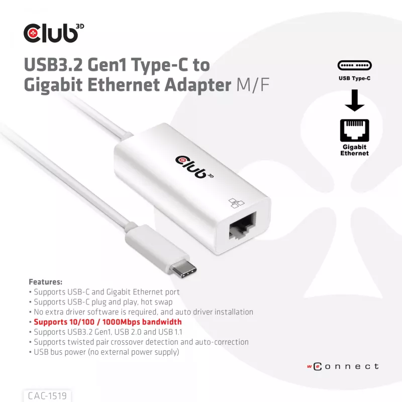USB3.2 Gen1 Type-C uz Gigabit Ethernet adapteris CLUB3D CAC-1519
