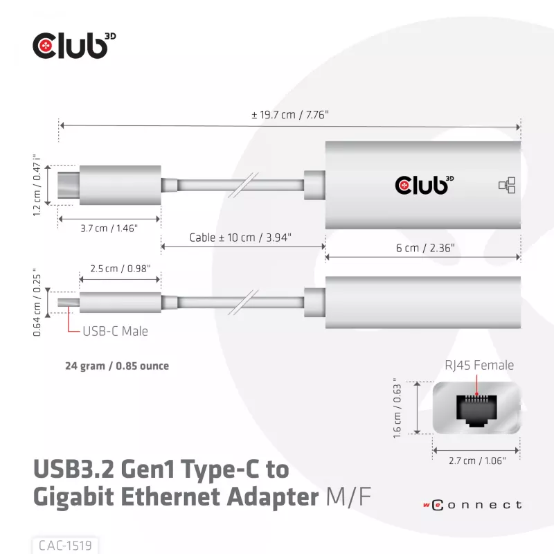 USB3.2 Gen1 Type-C uz Gigabit Ethernet adapteris CLUB3D CAC-1519