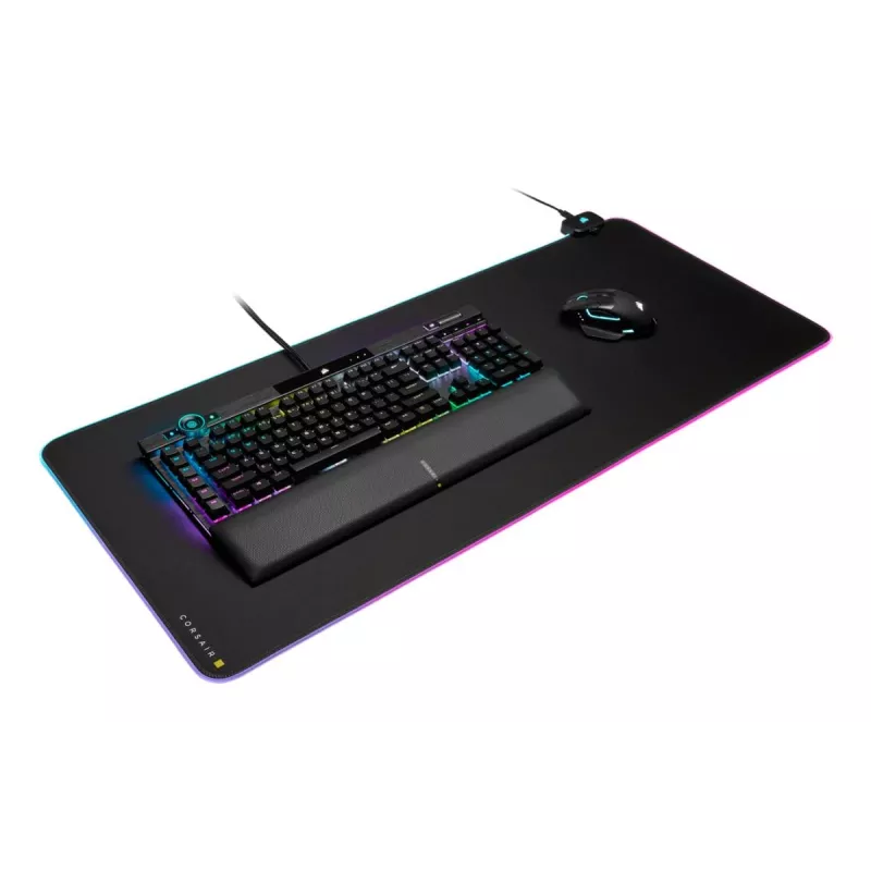 Spēļu peles paliktnis CORSAIR MM700 RGB — 930×400 mm, 4 mm biezums, gumijas pamatne, ar USB darbināms LED fona apgaismojums, melns
