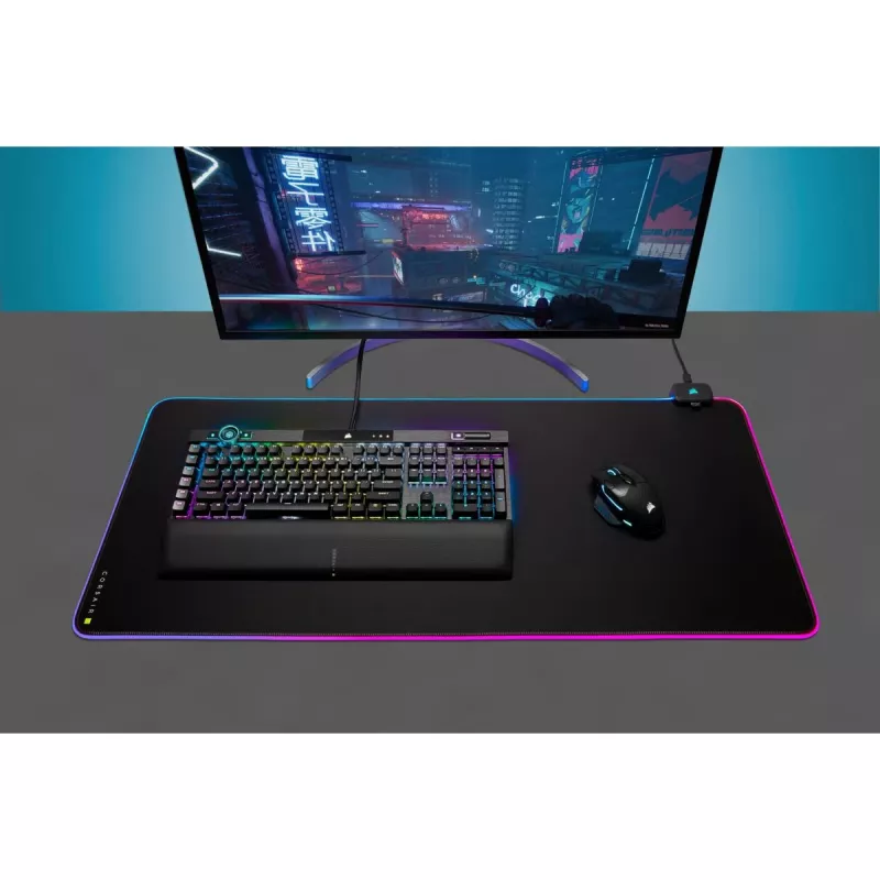 Spēļu peles paliktnis CORSAIR MM700 RGB — 930×400 mm, 4 mm biezums, gumijas pamatne, ar USB darbināms LED fona apgaismojums, melns