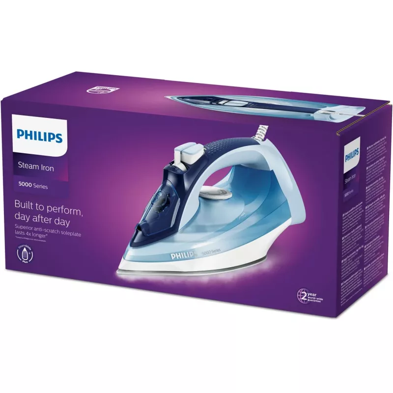 Tvaika gludeklis Philips DST5030/20 — 2400W, 0,32 L tvertne, SteamGlide Plus gludvirsma, 45 g/min nepārtraukts tvaiks, 180 g/min pastiprinājums, Zils