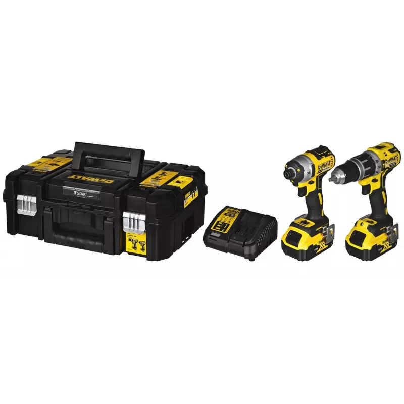 Bezvadu elektroinstrumentu kombinētais komplekts DeWalt DCK266P2T — 18V, 2×5.0Ah akumulatori, trieciengrieznis un kombinētais urbis, lādētājs, kaste