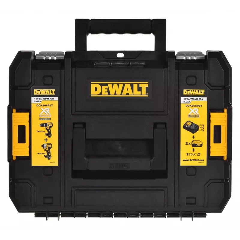 Bezvadu elektroinstrumentu kombinētais komplekts DeWalt DCK266P2T — 18V, 2×5.0Ah akumulatori, trieciengrieznis un kombinētais urbis, lādētājs, kaste