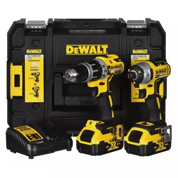 Bezvadu elektroinstrumentu kombinētais komplekts DeWalt DCK266P2T — 18V, 2×5.0Ah akumulatori, trieciengrieznis un kombinētais urbis, lādētājs, kaste