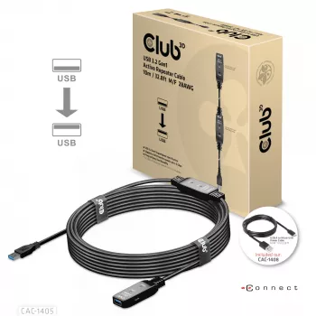 CLUB3D USB 3.2 Gen1 aktīvais atkārtotāja kabelis 10 m / 32.8ft M/F 28AWG