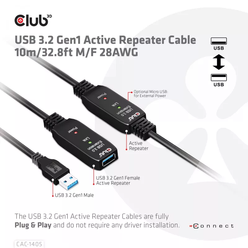 CLUB3D USB 3.2 Gen1 aktīvais atkārtotāja kabelis 10 m / 32.8ft M/F 28AWG