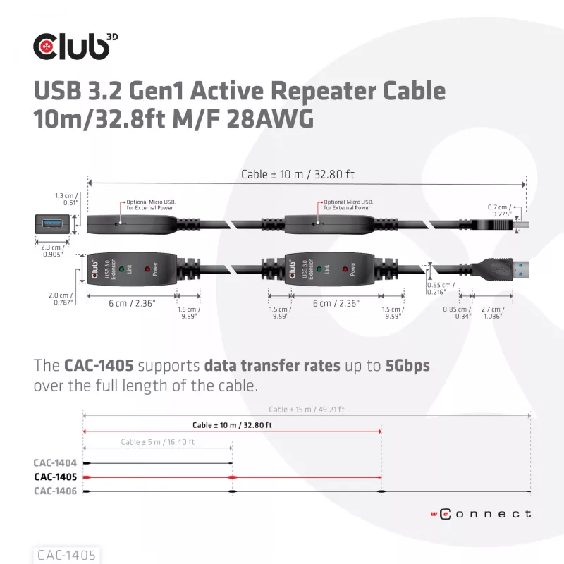 CLUB3D USB 3.2 Gen1 aktīvais atkārtotāja kabelis 10 m / 32.8ft M/F 28AWG