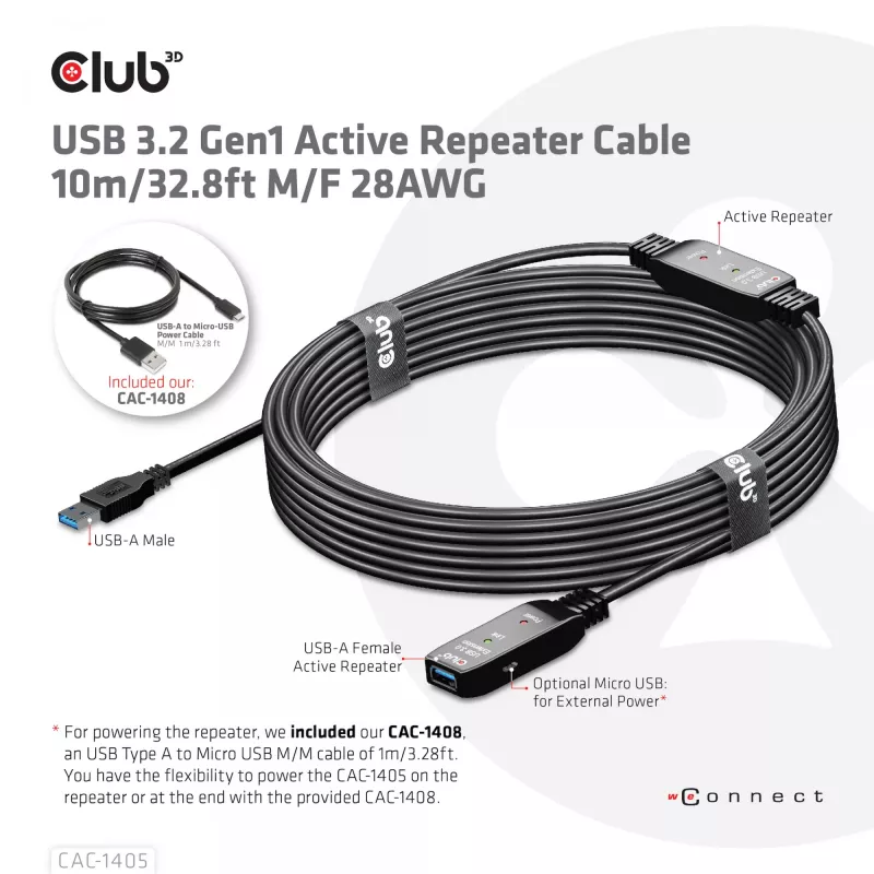 CLUB3D USB 3.2 Gen1 aktīvais atkārtotāja kabelis 10 m / 32.8ft M/F 28AWG