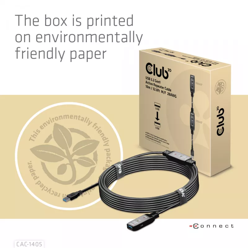 CLUB3D USB 3.2 Gen1 aktīvais atkārtotāja kabelis 10 m / 32.8ft M/F 28AWG