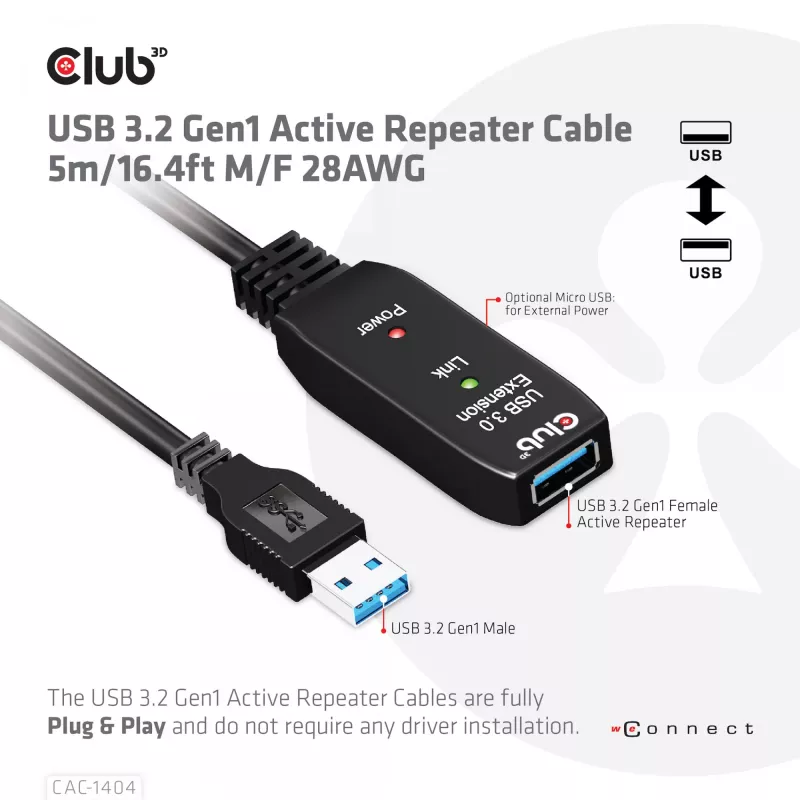 CLUB3D USB 3.2 Gen1 aktīvais retranslācijas kabelis 5m/16.4 pēdas M/F 28AWG
