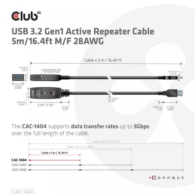 CLUB3D USB 3.2 Gen1 aktīvais retranslācijas kabelis 5m/16.4 pēdas M/F 28AWG