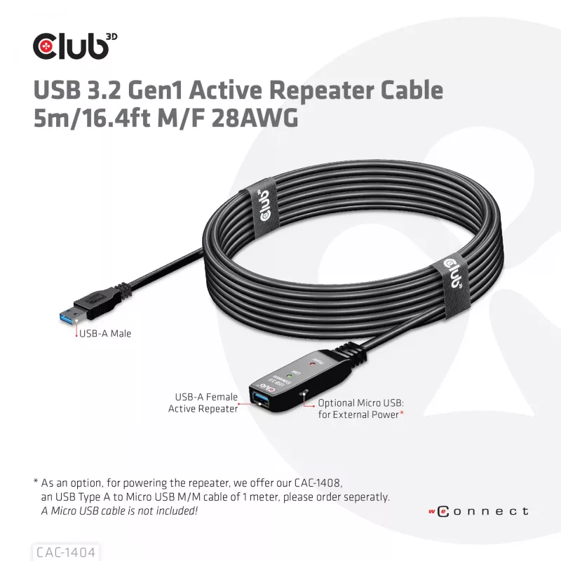 CLUB3D USB 3.2 Gen1 aktīvais retranslācijas kabelis 5m/16.4 pēdas M/F 28AWG