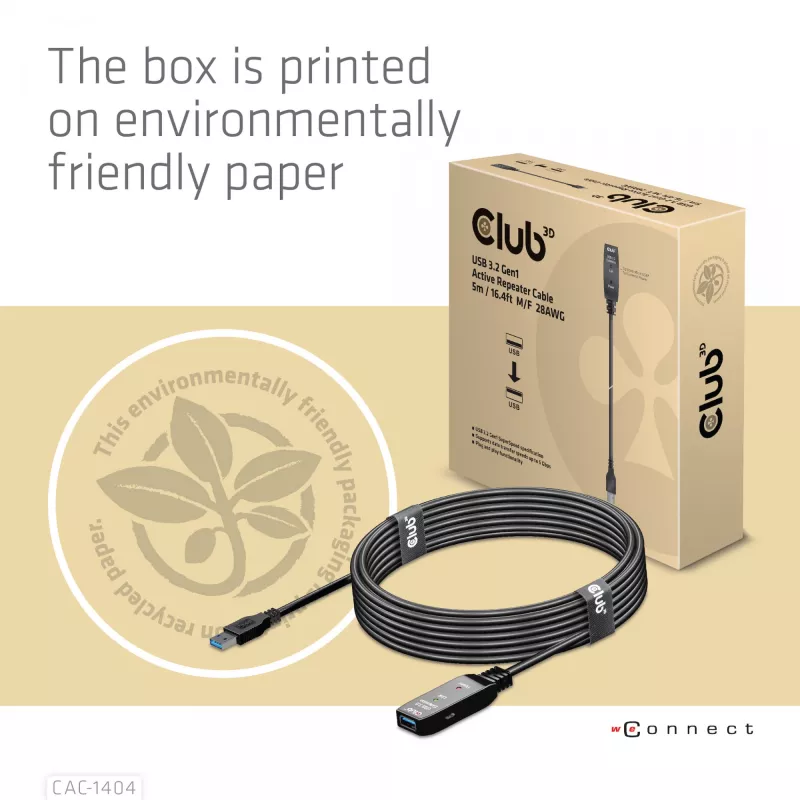 CLUB3D USB 3.2 Gen1 aktīvais retranslācijas kabelis 5m/16.4 pēdas M/F 28AWG