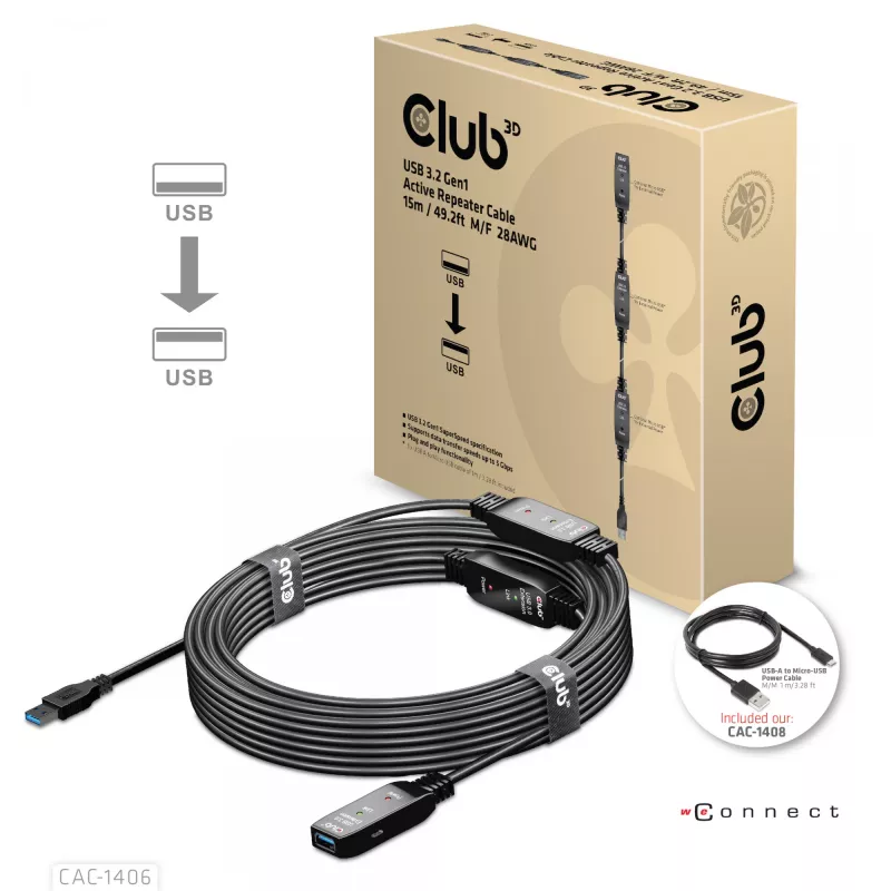CLUB3D USB 3.2 Gen1 aktīvais atkārtotāja kabelis 15 m/ 49.2 ft M/F 28AWG