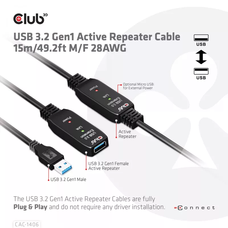 CLUB3D USB 3.2 Gen1 aktīvais atkārtotāja kabelis 15 m/ 49.2 ft M/F 28AWG