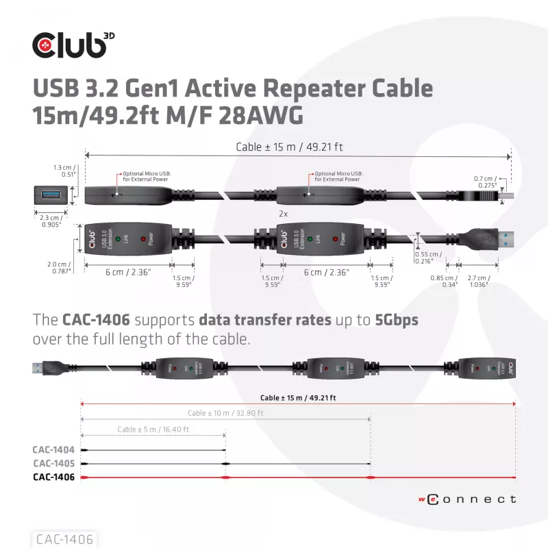 CLUB3D USB 3.2 Gen1 aktīvais atkārtotāja kabelis 15 m/ 49.2 ft M/F 28AWG
