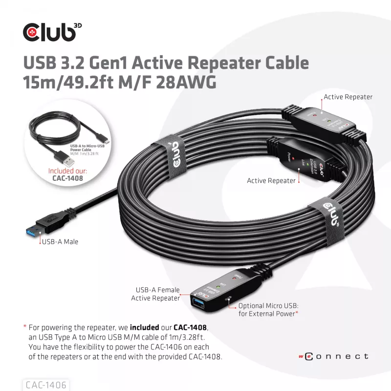 CLUB3D USB 3.2 Gen1 aktīvais atkārtotāja kabelis 15 m/ 49.2 ft M/F 28AWG