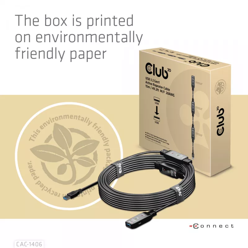 CLUB3D USB 3.2 Gen1 aktīvais atkārtotāja kabelis 15 m/ 49.2 ft M/F 28AWG