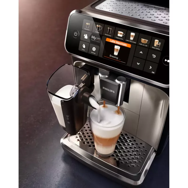 Espresso automāts Philips EP5447/90 — pilnībā automātisks, 1,8 L ūdens tvertne, 275 g pupiņu tvertne, 15 bāri, 0,26 L piena tvertne
