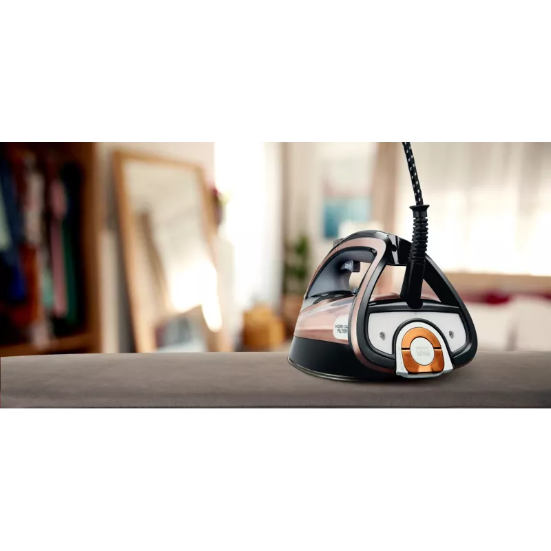 Tvaika gludeklis Tefal FV9845 — 3200 W, 60 g/min nepārtraukts tvaiks, 350 ml tvertne, vertikāls tvaiks, 1,45 kg, Melns/Varš
