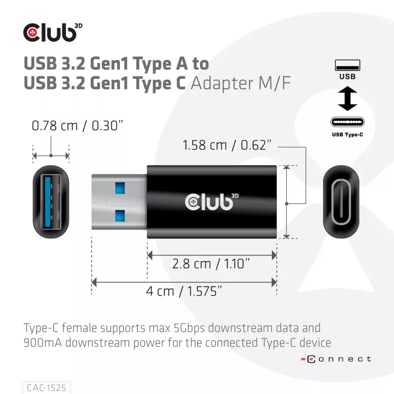 CLUB3D USB 3.2 Gen1 Tips A uz USB 3.2 Gen1 Type C adapters M/F