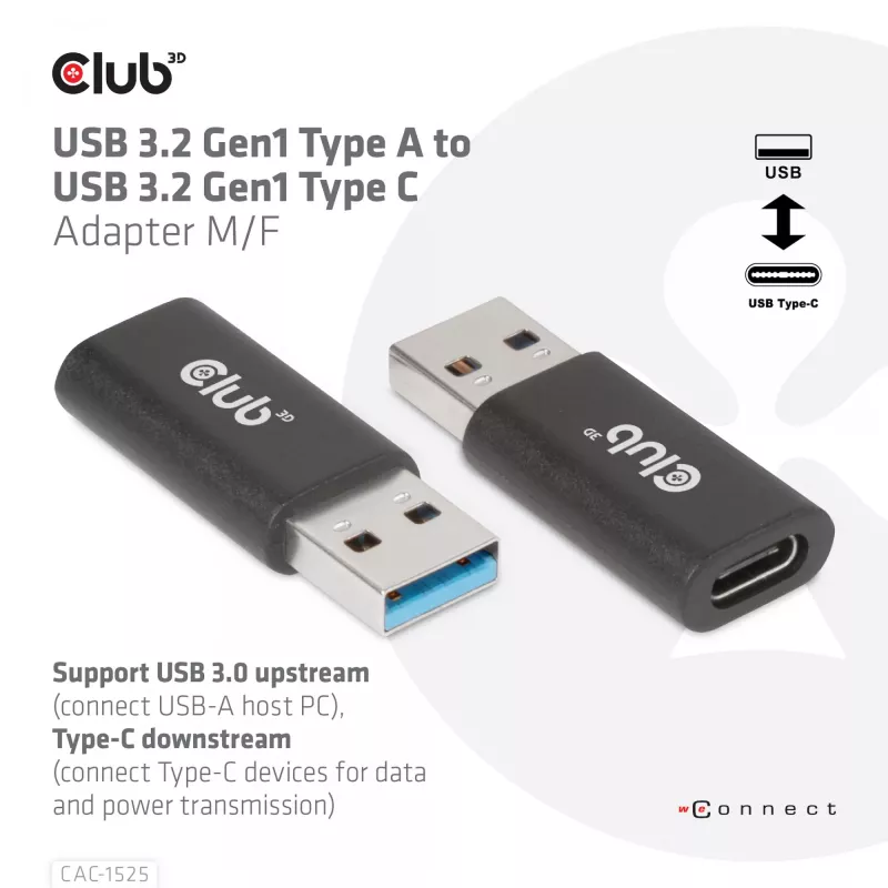 CLUB3D USB 3.2 Gen1 Tips A uz USB 3.2 Gen1 Type C adapters M/F