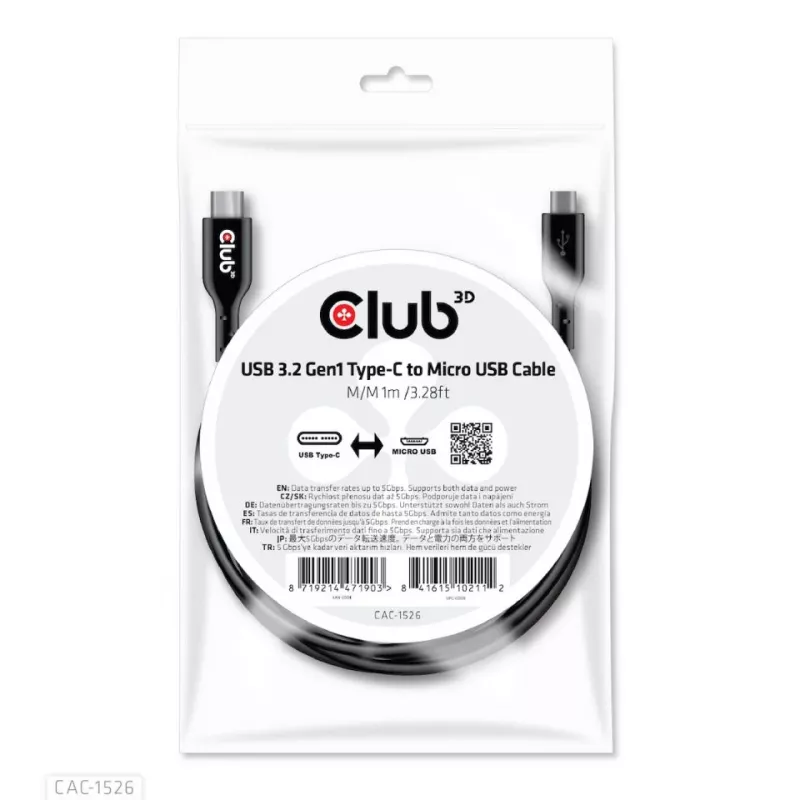 CLUB3D USB 3.2 Gen1 Type-C uz Micro USB kabelis M/M 1 m /3.28 pēdas