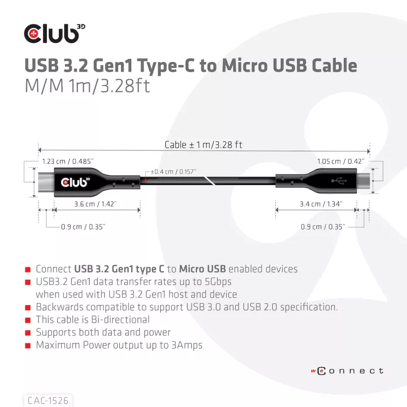 CLUB3D USB 3.2 Gen1 Type-C uz Micro USB kabelis M/M 1 m /3.28 pēdas