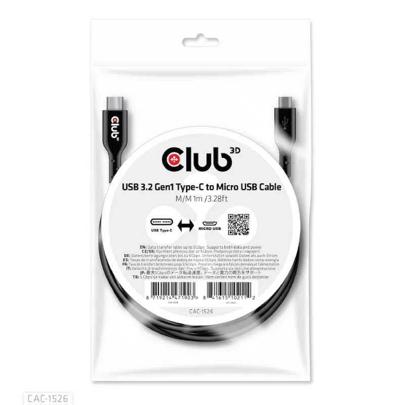 CLUB3D USB 3.2 Gen1 Type-C uz Micro USB kabelis M/M 1 m /3.28 pēdas
