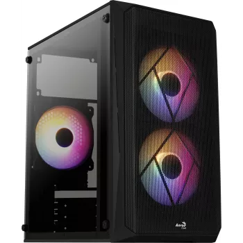 PC korpuss AEROCOOL CS107V2 Mini Tower — Melns, microATX/Mini-ITX, 2x120mm ventilatori, 1x3.5 collu + 2x2.5 collu nodalījumi