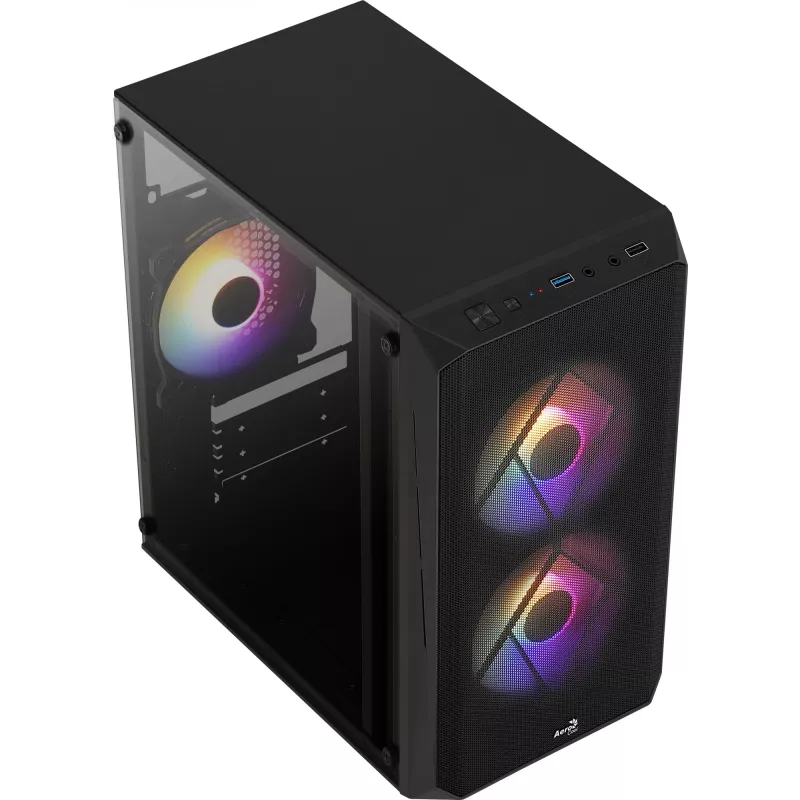 PC korpuss AEROCOOL CS107V2 Mini Tower — Melns, microATX/Mini-ITX, 2x120mm ventilatori, 1x3.5 collu + 2x2.5 collu nodalījumi