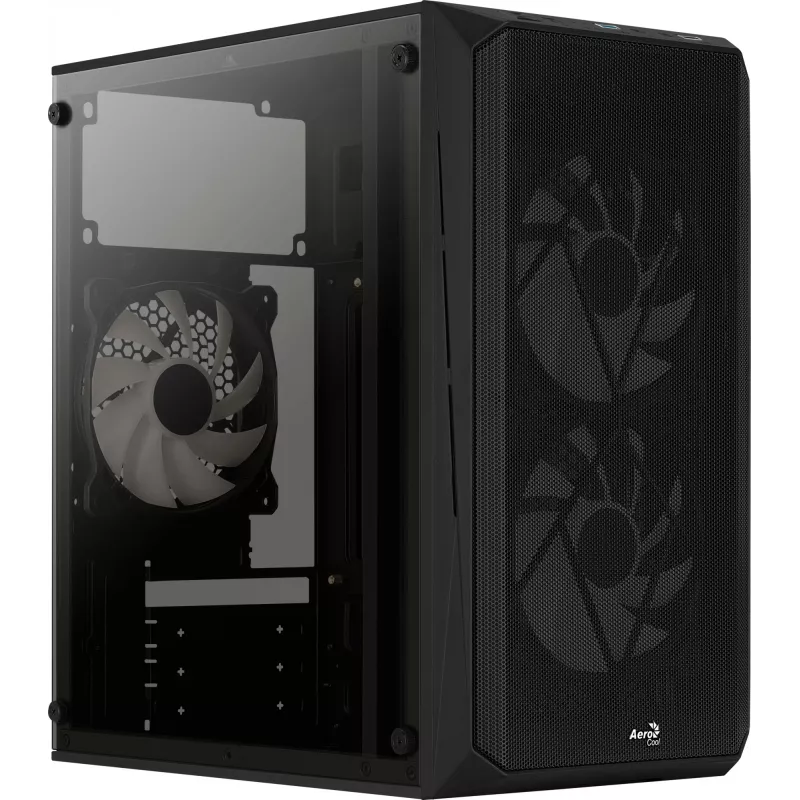 PC korpuss AEROCOOL CS107V2 Mini Tower — Melns, microATX/Mini-ITX, 2x120mm ventilatori, 1x3.5 collu + 2x2.5 collu nodalījumi